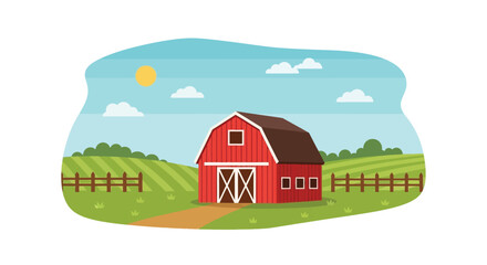 A charming red barn sits peacefully within a vibrant green landscape © Nasima Bibi