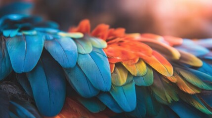 Fototapeta premium Bright blue and orange feathers of a macaw in natural light setting