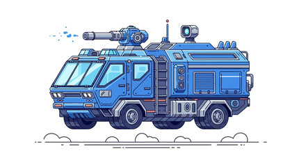 Blue armored vehicle with a mounted turret and multiple antennas. © Fajar Amina