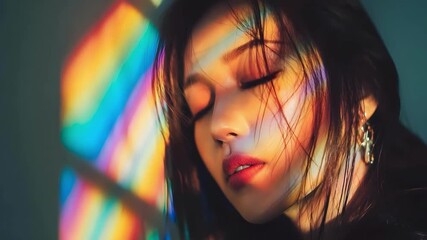 Close-up portrait of a woman with dark hair and red lips, rainbow light streaks across her face. - Powered by Adobe