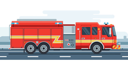 Bright Red Fire Truck Driving on Road with Emergency Lights.