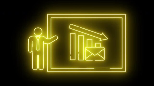 Yellow neon art presenter chart with downward arrow bars  envelope Isolated on black background