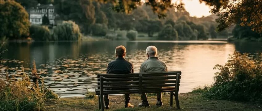 Sitting on a lakeside seat, the father and son converse.
