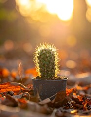 Small cactus in pot, bathed in golden sunset light
