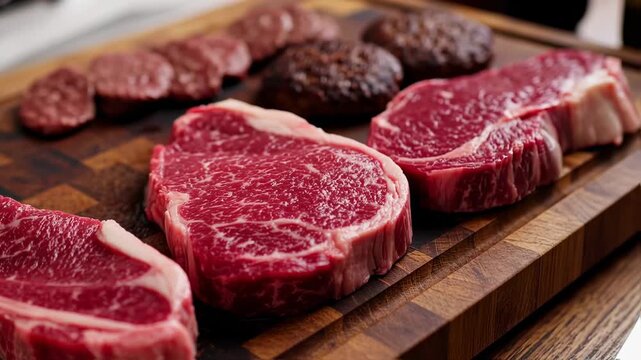 Raw steaks and hand on wooden cutting board