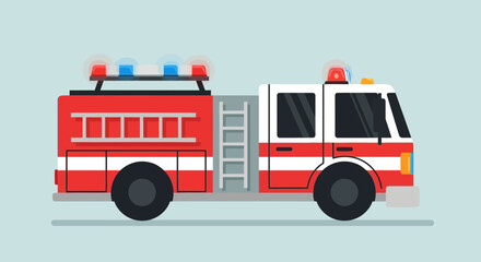 Cartoon Fire Truck Illustration with Ladder and Emergency Lights.