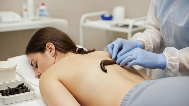 Caucasian woman receiving hirudotherapy treatment on her back in a clinic setting. Leech therapy with medical oversight. footage.