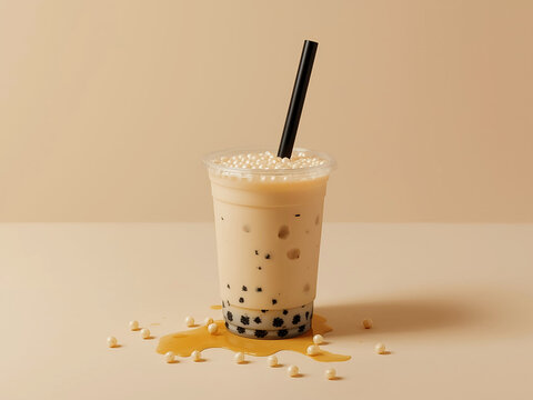 Iced bubble milk tea in plastic cup with tapioca pearls and straw on beige background, caramel spill, minimal studio drink.