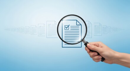 Magnifying Glass Examining Document with Checklist Icon on Blue Background – Concept of Document Review, Audit, and Quality Control