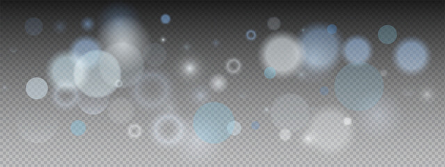 Blue bokeh overlay with soft defocused circles and white bubble elements on transparent backdrop. Light shimmer and glare texture create abstract atmosphere effect. Vector illustration
