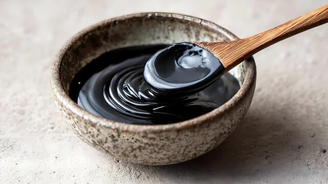 A wooden spoon rests in a rustic ceramic bowl filled with thick, glossy black sesame paste.