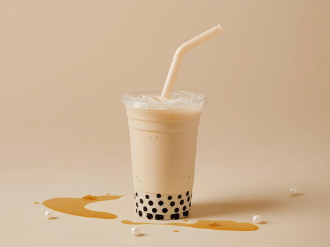 Iced bubble milk tea in plastic cup with tapioca pearls and straw on beige background, caramel spill, minimal studio drink.