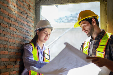 Architects and engineers discuss teamwork, construction, and happiness for real estate, complete with plans, inspections, and hard hats at the construction site.