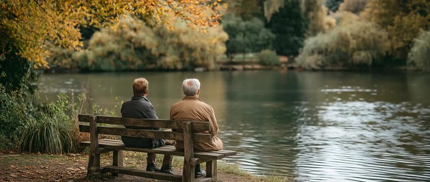 Sitting on a lakeside seat, the father and son converse.