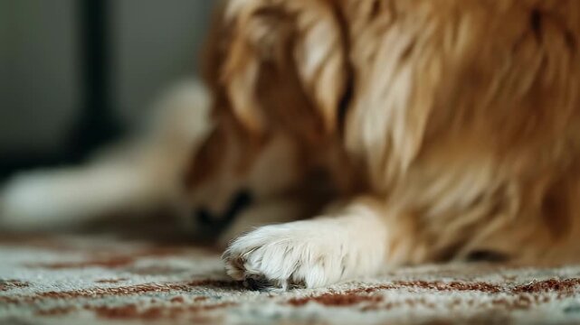 Golden Retriever rests its head on a patterned rug, looking thoughtfully into the distance., 4k high quality