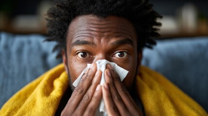Man sneezing into tissue while lying down.