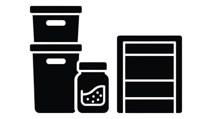 Storage solutions isolated on white background, featuring boxes, a jar, and a cabinet for organizing household items and supplies