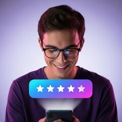 Studio shot of handsome stylish man in violet shirt giving excellent five star rating feedback on smartphone isolated against blue gradient background.