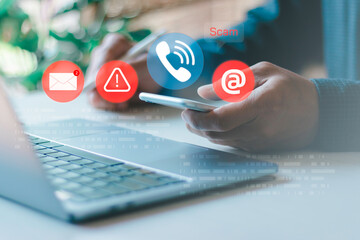 Scam or spam warning alert concept. Person receiving a smartphone notification about cyber threats...