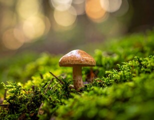 Small mushroom in mossy forest floor