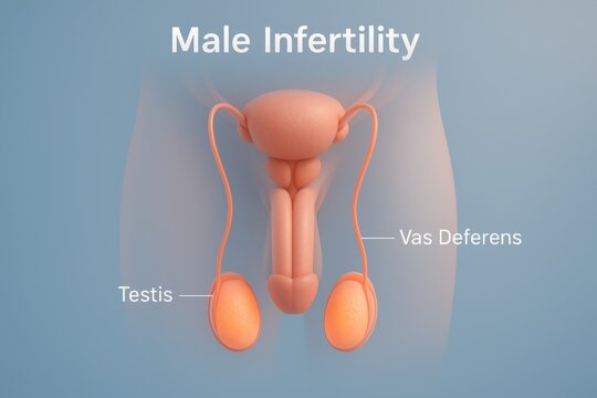 Male Infertility Diagram Showing Reproductive Organs. 3D medical illustration of male reproductive anatomy highlighting testis and vas deferens, used in infertility diagnosis and education.

