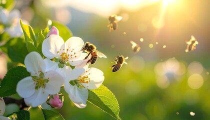 Bees Pollinating Apple Blossoms in Springtime Sunlight.
