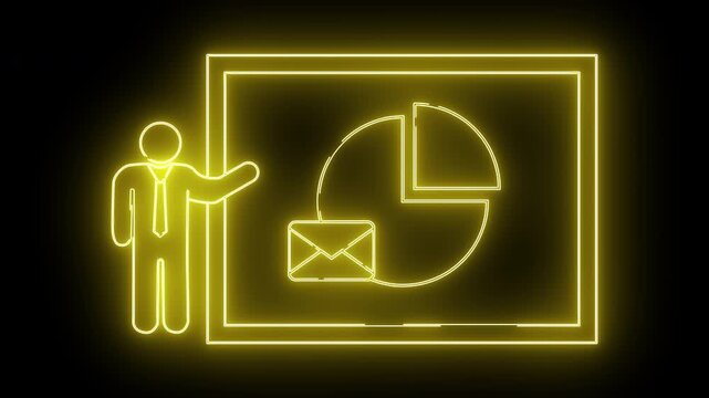 Yellow neon businessman presenting a pie chart and email symbol on a board against a black background