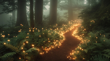 Enchanted Forest Path Lined with Candles for a Magical Night Walk. A winding forest trail glows with hundreds of candles, creating a warm, magical atmosphere. 