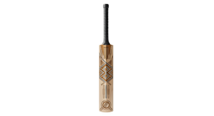 Closeup of a cricket bat with intricate carvings isolated on transparent background