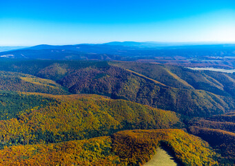 Fototapeta premium Aerial view with yellowed forests on mountains and valleys in autumn. Fall forested mountains seen from above