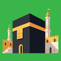 Minimalist Kaaba Mecca Saudi Arabia Vector Graphic with Towers and Golden Details