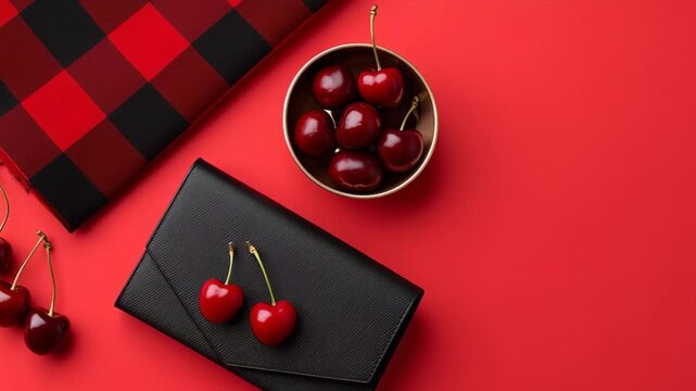 A flat lay arrangement of fresh cherries a black wallet and red and black buffalo plaid fabric on a vibrant red background