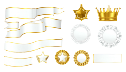 Elegant white and gold ribbons, stars, rosettes, and a crown on a black background