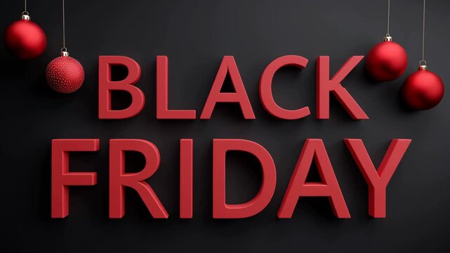 Modern 3D red typographic poster for Black Friday featuring festive ornaments and dark background