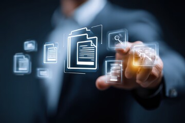 Interactive Digital Data Management A Businessman's Touch Navigating Through Virtual File Icons Streamlining Document Organization and Workflow Automation for Efficient Processes