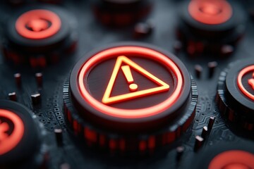 Digital Warning Button Glowing Triangle Cyber Security Alert Threat Data Protection Caution Risk Danger Virus Infected Modern Technology Network System
