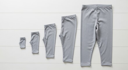 Various sizes of gray leggings in descending order on white surface