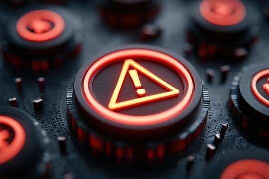 Digital Warning Button Glowing Triangle Cyber Security Alert Threat Data Protection Caution Risk Danger Virus Infected Modern Technology Network System