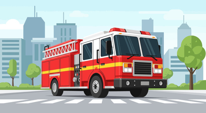 Red Fire Engine Truck on City Street.