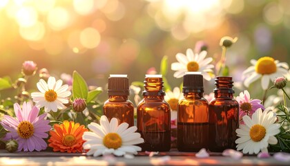 Bottles of Essential Oils Surrounded by Flowers in Sunlight.