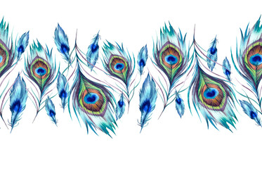 Peacock feathers are bright blue on a white background. Seamless border, holiday card frame, design for Diwali, Janmashtami festival. Watercolor illustration. Clipart for printing invitations/