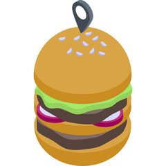 Isometric 3d illustration of a stacked hamburger with sesame seed bun and pin marker on top against a transparent background