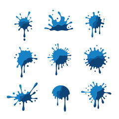 Set of nine isolated blue paint splash and ink blot illustrations.