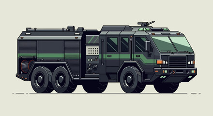 Obraz premium Vector illustration of a dark green armored crowd control vehicle.