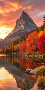 Dramatic mountain peak with autumn foliage reflected in serene lake at sunset