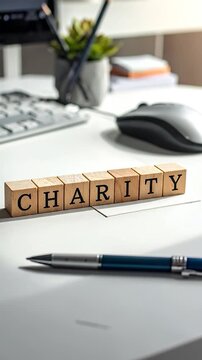 Office desk with "CHARITY" spelled out with wooden blocks, pen, mouse, and greenery