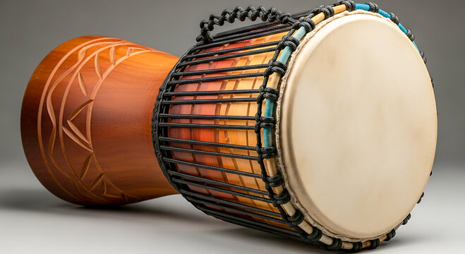 Carved Wooden Djembe Drum with Colorful Bands and Rope Lacing