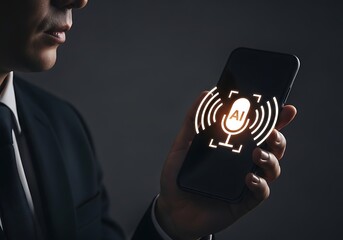 Man using AI voice assistant on smartphone with virtual sound wave interface. Concept of artificial intelligence, speech recognition, smart technology, and hands-free digital interaction