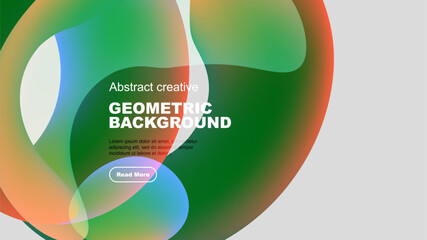 Abstract geometric background features vibrant overlapping shapes. Text promotes further exploration, simple design.