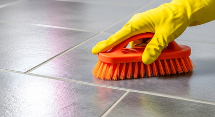 Hand in yellow glove scrubbing gray floor tiles with orange brush